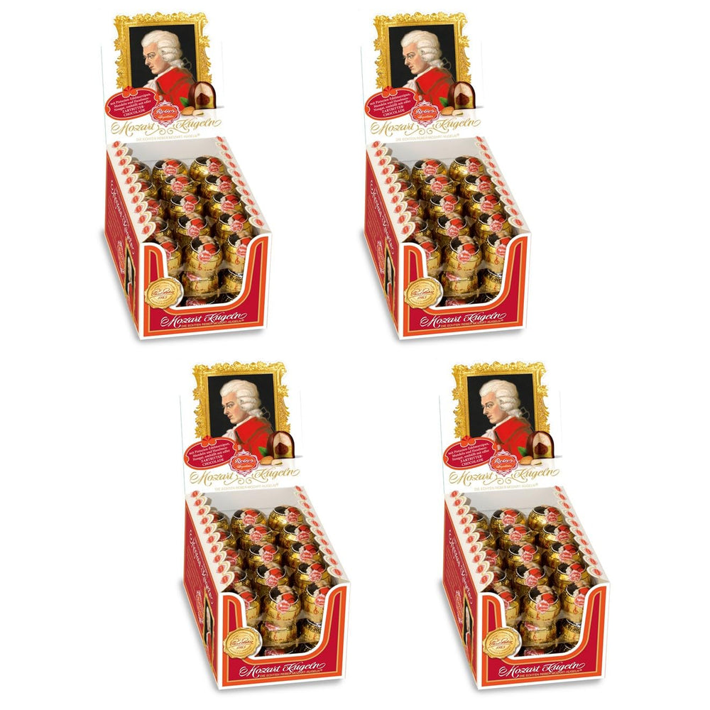 Reber Mozartkugeln, Geschenkbox 4x45, dunkle Schokoladenkugeln gefüllt mit Pistazien, Marzipan, Mandeln und Haselnussnougat, 3,6 kg (180 Stück)