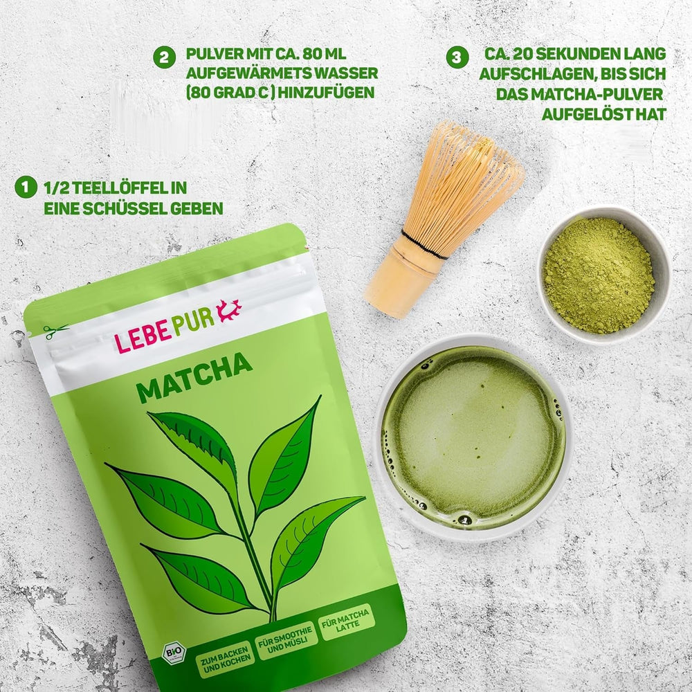 Lebepur BIO Matcha Pulbere 100G - Calitate premium din Japonia Fără aditivi - 100% pulbere de ceai verde pură pentru Matcha Latte, ceai Matcha, ceai verde, smoothie - Ceai verde japonez