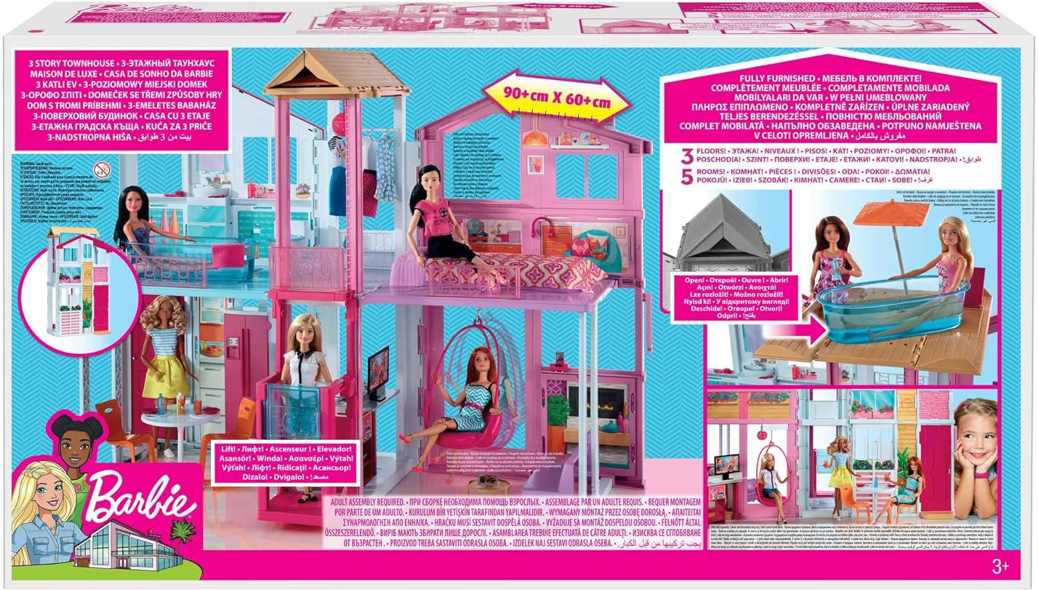 Barbie House Dream Villa, 3-stöckiges Stadthaus mit 5 Zimmern, inklusive Zubehör wie Möbeln, faltbar und Aufbewahrung, Spielzeug ab 3 Jahren, DLY32 Naty Shop Puppenhäuser