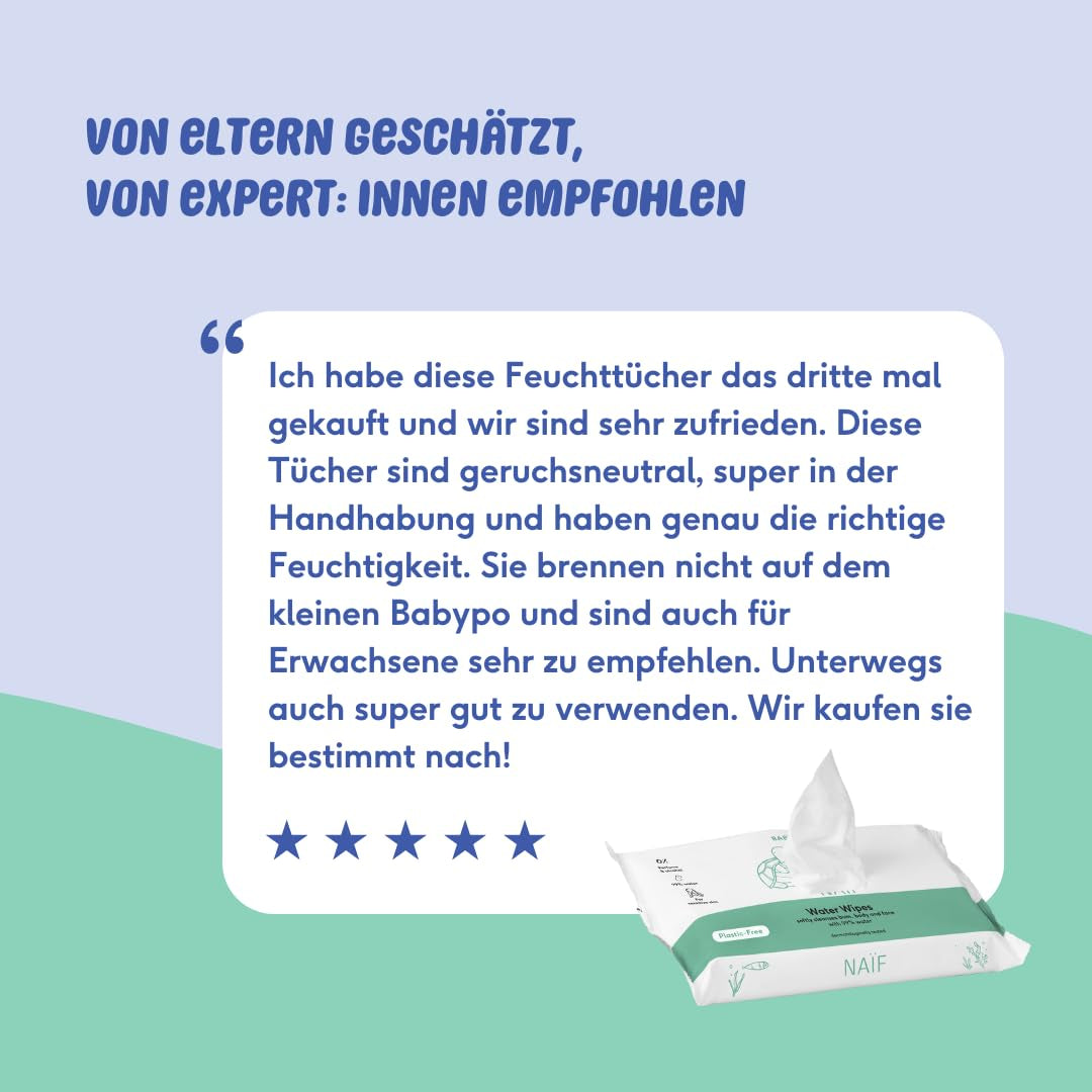 Naïf – Plastikfreie Feuchttücher – 162 Stück (3 Packungen mit je 54 Tüchern) – Pflege für Babys Po, Körper und Gesicht – 99 % Wasser – 0 % Duftstoffe und Alkohol