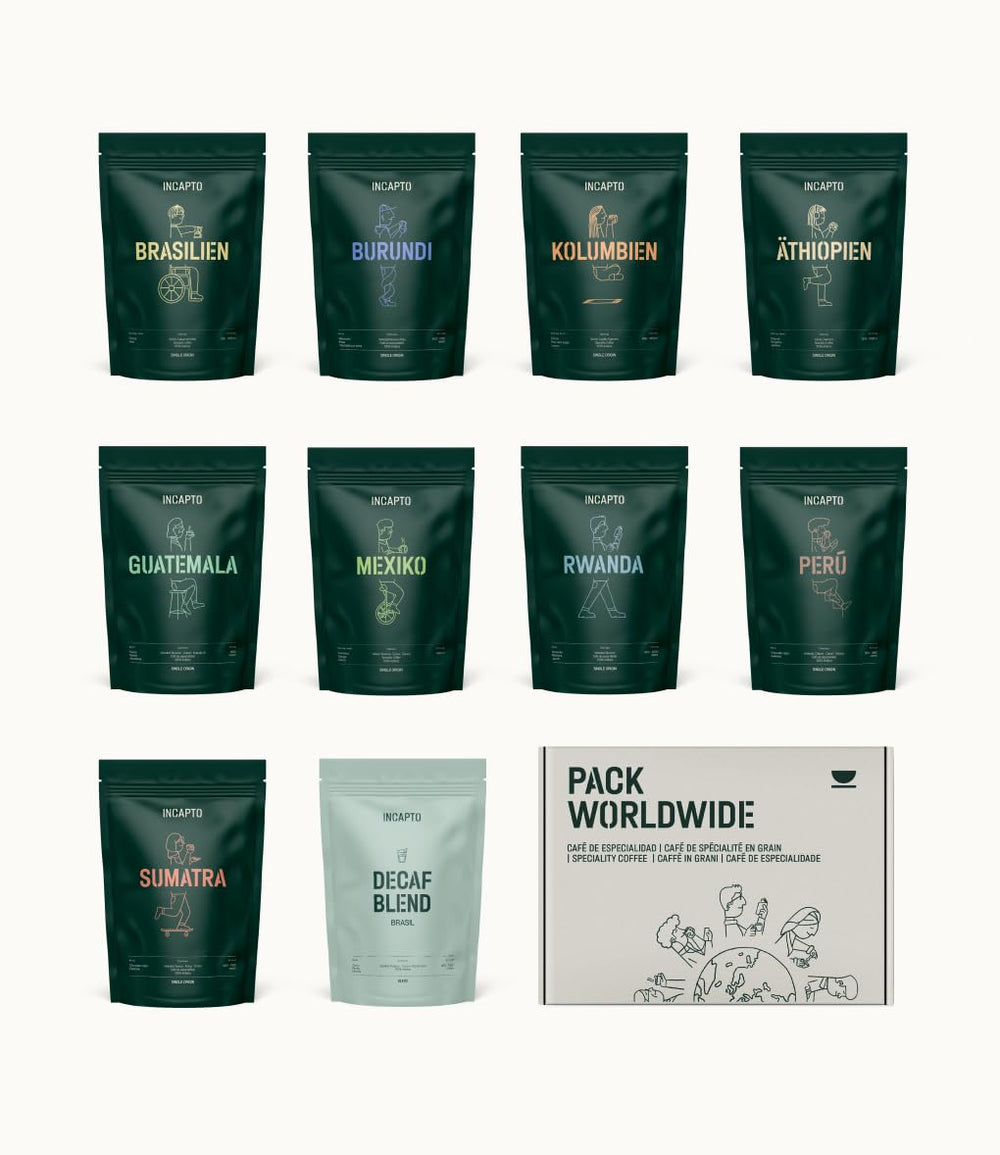 Selecție de boabe de cafea Incapto la nivel mondial | Selecție de 10 origini din întreaga lume | Cafea de specialitate | 100% Arabica | Ideal ca set cadou de cafea | Pentru iubitorii de cafea | 10 pachete x 100g