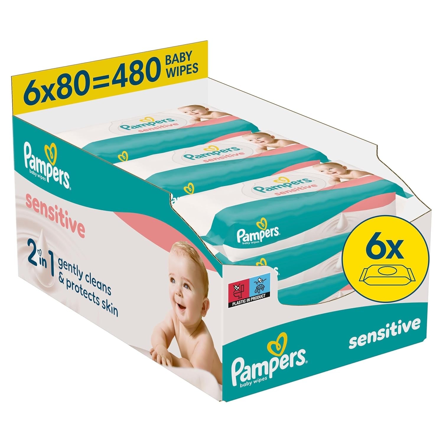 Pampers Sensitive Wet Wipes, 6 Packungen à 80 Tücher = 480 Tücher, parfümfrei, für sanfte, schonende Reinigung