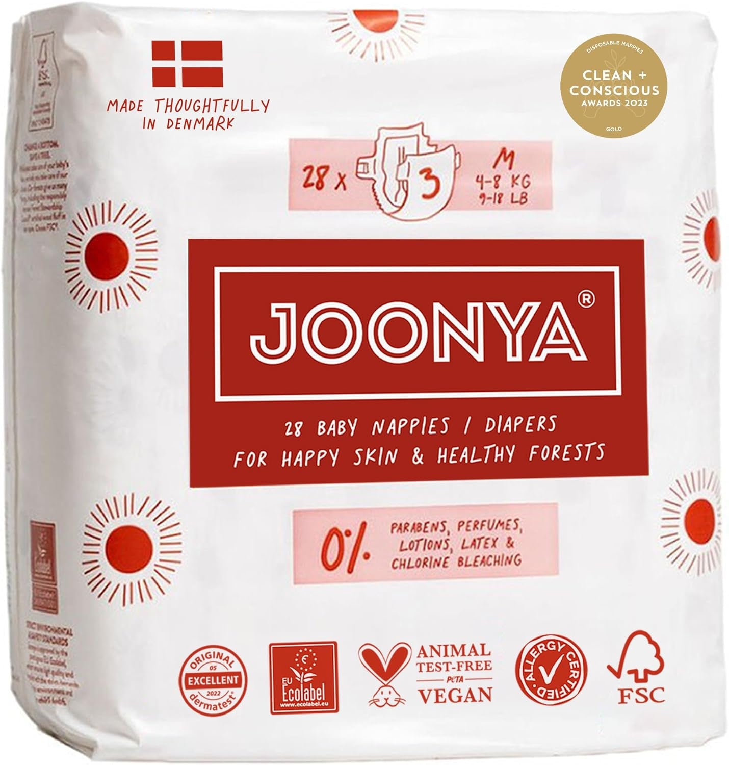 Babywindeln, Größe 3M (4-8 kg) – 1 Beutel mit 28 Stück – Keine Schadstoffe, umweltfreundlich, sehr saugfähig, für den Nachtgebrauch geeignet, ultradünn und weich – Hergestellt in Dänemark