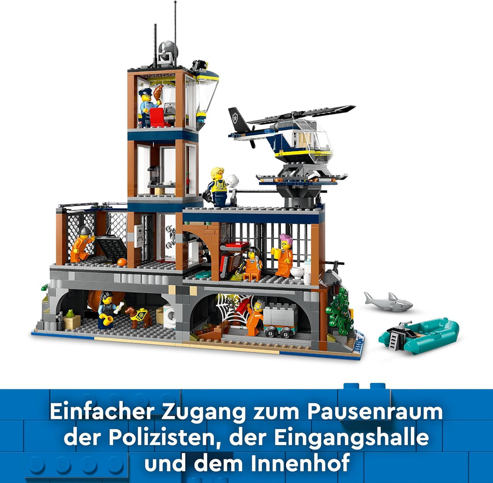 LEGO City Polizeistation auf der Gefängnisinsel, Polizeispielzeug mit Hubschrauber, Stiefel und Hai, Set mit 7 Minifiguren und Hund, Geburtstagsgeschenk für Jungen und Mädchen ab 7 Jahren 60419