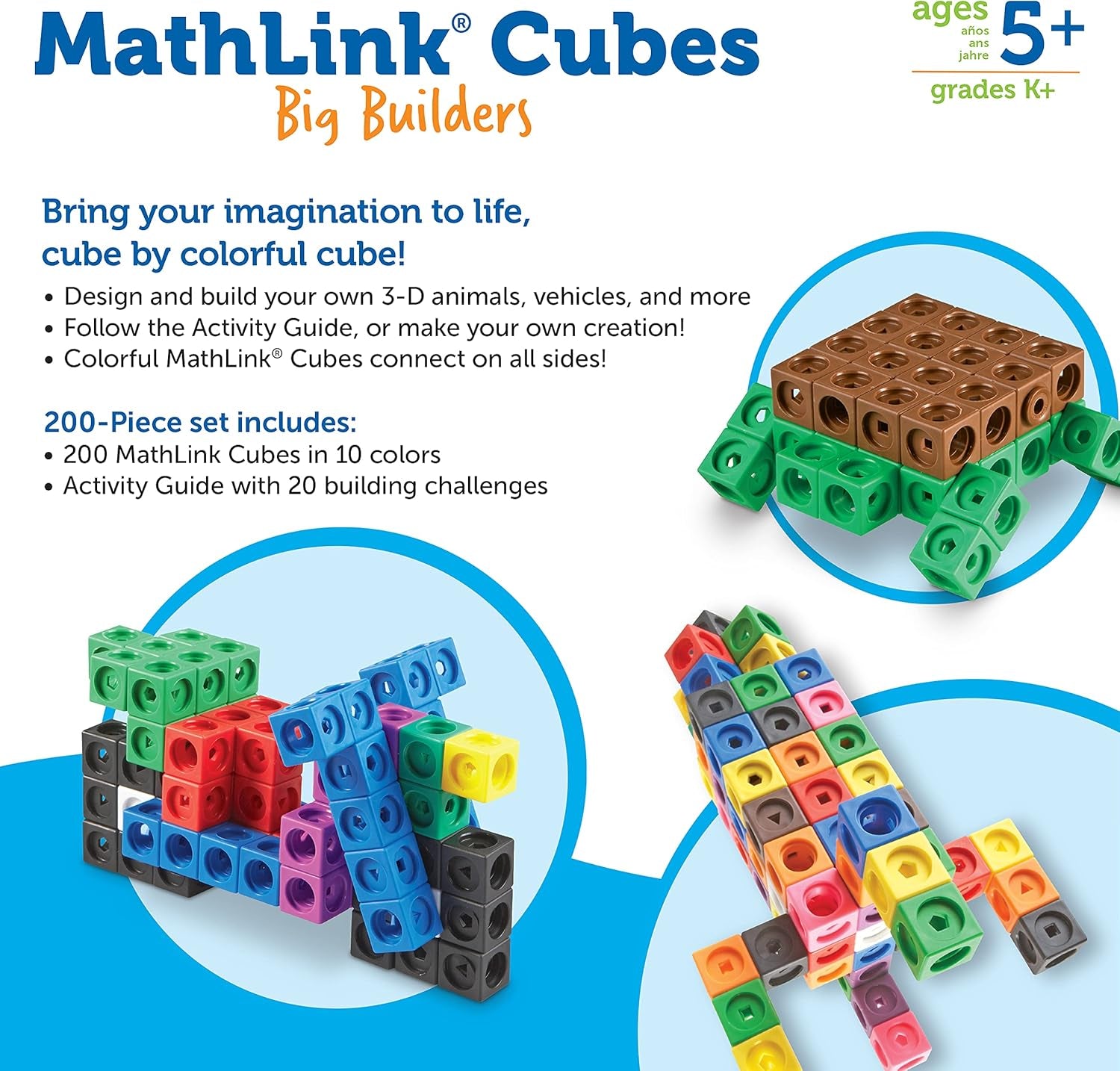 Learning Resources MathLink Steckwürfel Big Builders for Baumeister, ab 5 Jahren, Konstruktionsspielzeug für frühes Mint-Lernen, 200 Teile