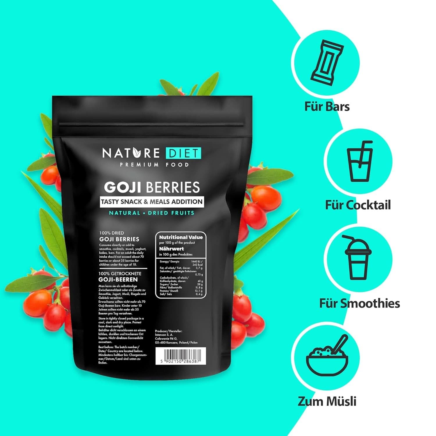 Nature Diet - Goji-Beeren 1000 G | Getrocknete Beeren Naty Shop dehydrierte Produkte