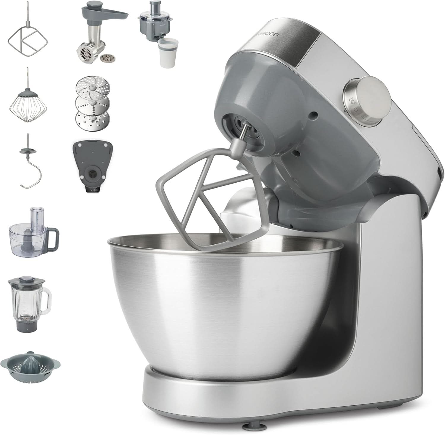 Kenwood Prospero+ KHC29A.R0SI Küchenmaschine, 4.3 L Edelstahlschüssel, Inkl. 10-teiliges Zubehör-Set mit Fleischwolf, Glas-Mixer, Zitruspresse, Entsafter und mehr, inkl. Easyweigh Waage, 1000W, Silber Mutter und Kind Naty Shop Silber Inkl. 9 Zubehörteile Waage