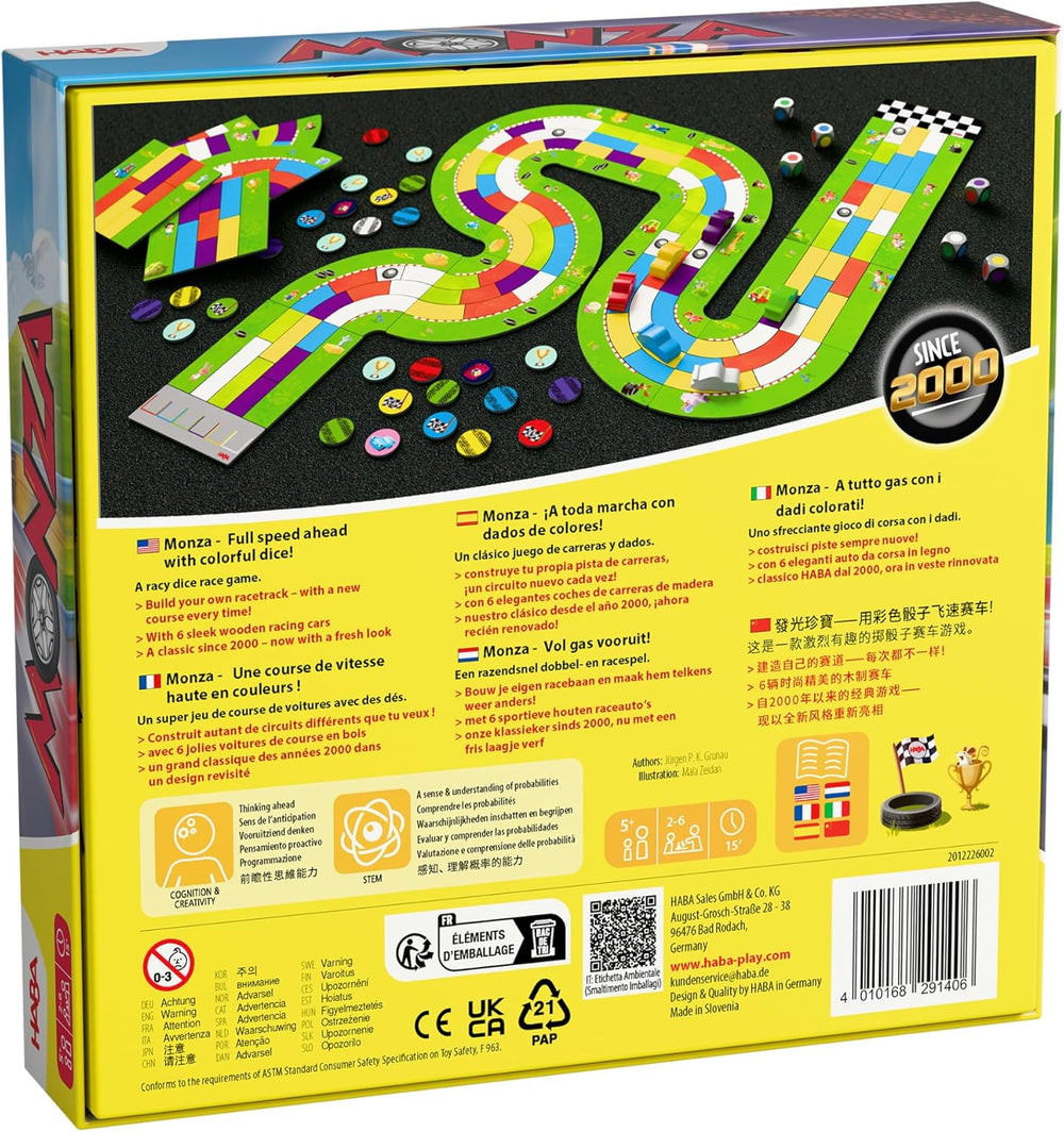 HABA Monza – Schnelles Brettspiel und Autorennspiel für Kinder ab 5 Jahren – mit 6 bunten Holzautos und bunten Würfeln – 2012226001