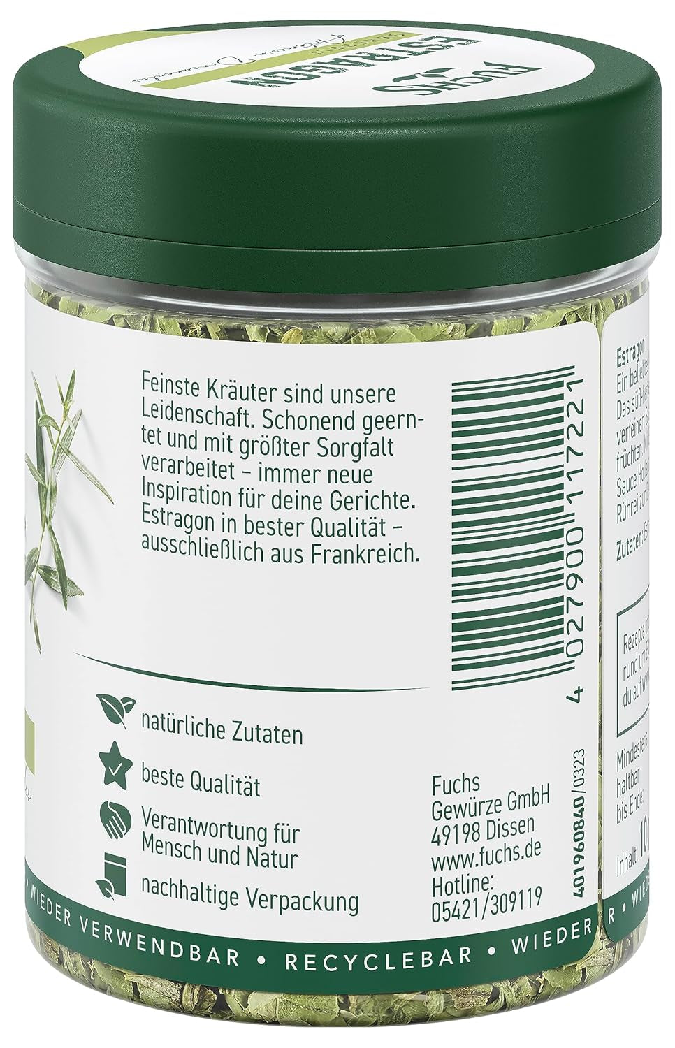 Fuchs Gewürze - Estragon gerebelt - französisches Kraut zur Verfeinerung von Saladen, Sauce Hollandaise oder Rührei - natürliche Zutaten - 10 g in wiederverwendbarer, recyclebarer Dose