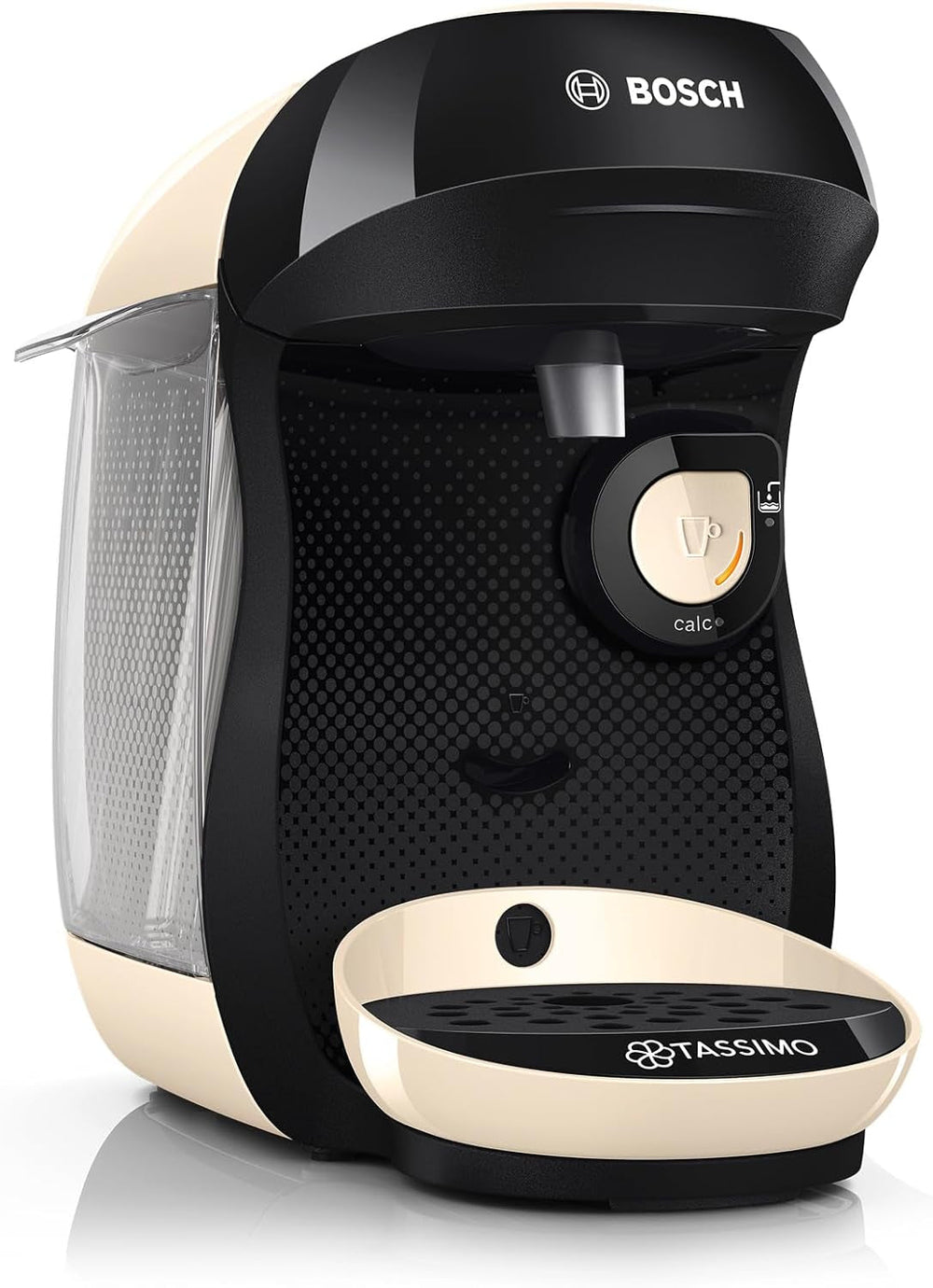 Espressor cu capsule Bosch Tassimo Happy Friendly TAS107E, peste 70 de băuturi, potrivit pentru toate tipurile de cești, oprire automată, sustenabil, dozare perfectă, economie de spațiu, 1400 W, crem/negru