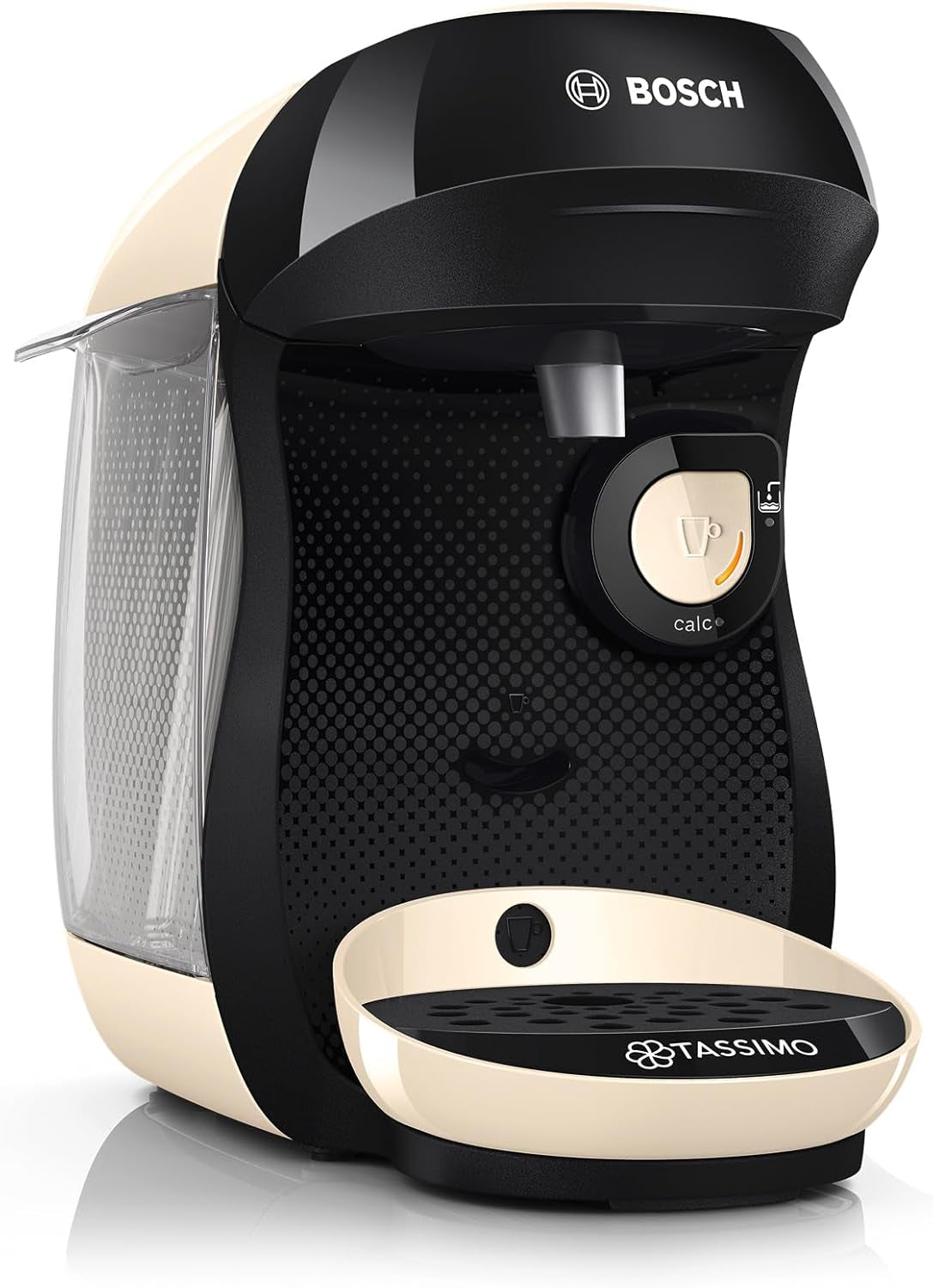 Espressor cu capsule Bosch Tassimo Happy Friendly TAS107E, peste 70 de băuturi, potrivit pentru toate tipurile de cești, oprire automată, sustenabil, dozare perfectă, economie de spațiu, 1400 W, crem/negru
