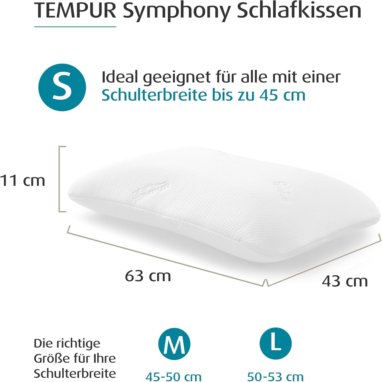 Pernă de dormit TEMPUR Symphony din spumă cu memorie, pernă ergonomică de susținere a gâtului pentru dormit pe spate și lateral, fermă, S (63 X 43 X 11 cm), alb Perne standard Naty Shop