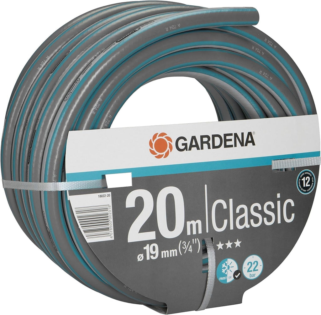 Furtun Gardena Classic 19 mm (3/4 inch), 20 m: Furtun de grădină universal fabricat din material textil robust, țesut încrucișat, presiune de spargere de 22 bar, rezistent la UV, fără componente de sistem, garanție de 12 ani (18022-20)