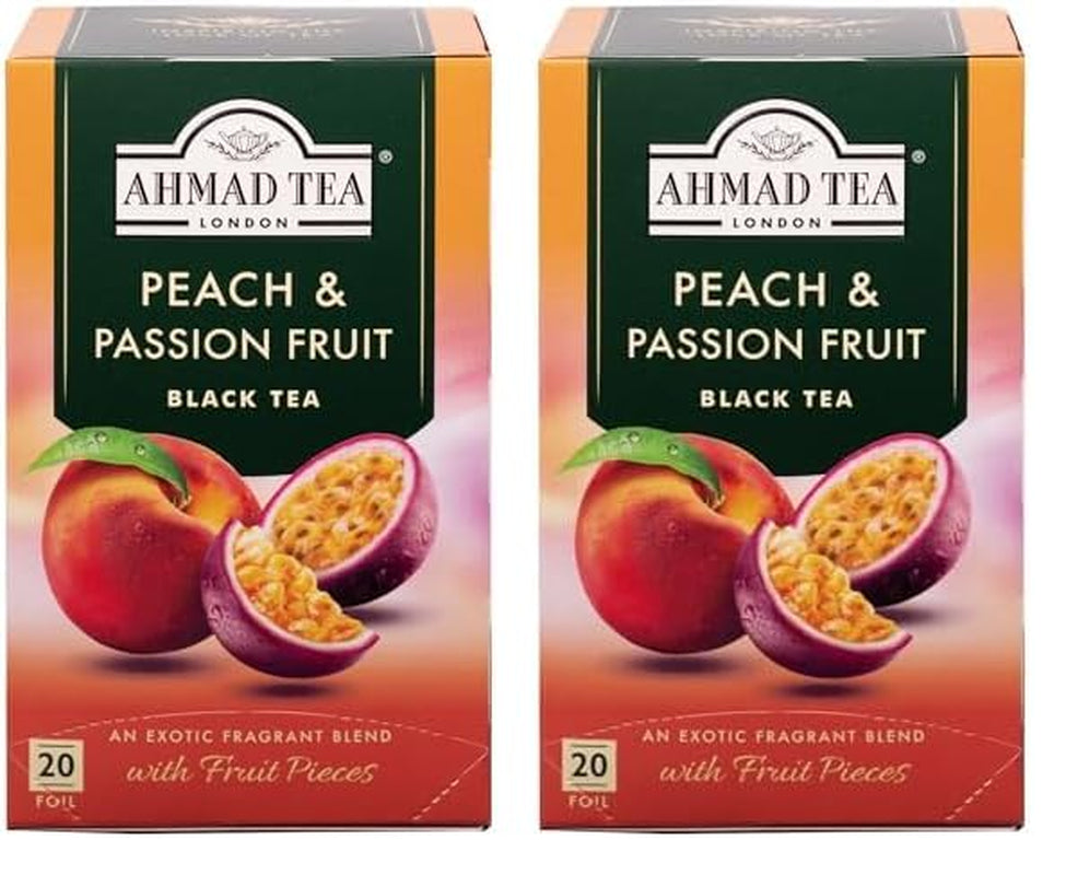 Ahmad Tea - Fruit Tea Selection - Sortiment de ceaiuri de fructe din ceai negru - Măr, piersică și fructul pasiunii, căpșuni, lămâie și lime - Ambalate individual și sigilate pentru păstrarea aromelor - 20 pliculețe de ceai cu bandă