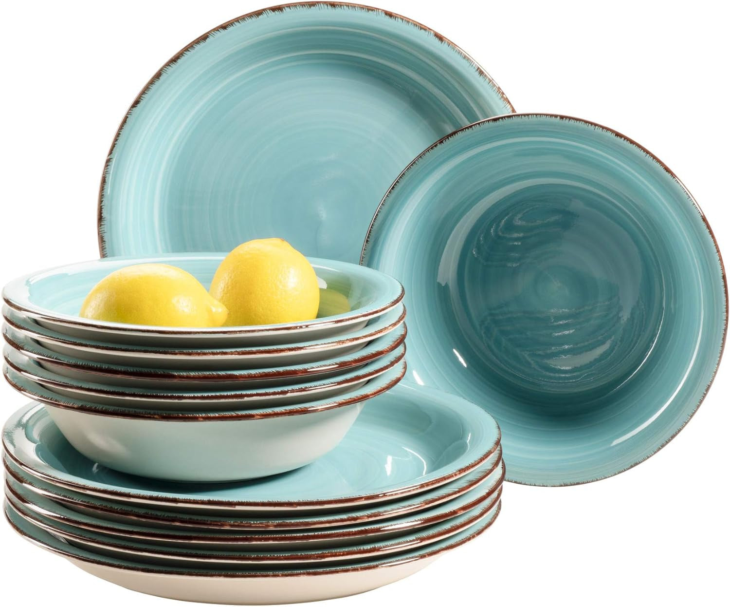 MÄSER Bel Tempo II Teller-Set für 6 Personen im modernen Vintage Look, 12-teiliges Tafelservice, handbemalt, Türkis, Steingut, 27 centimeters