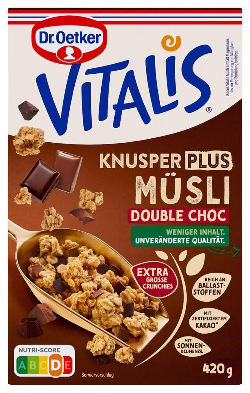 Dr. Oetker Vitalis KnusperPlus Double Chocolate: Knuspriges Müsli mit Vollmilch- und Zartbitterschokolade, 7er Pack (7 x 450g)