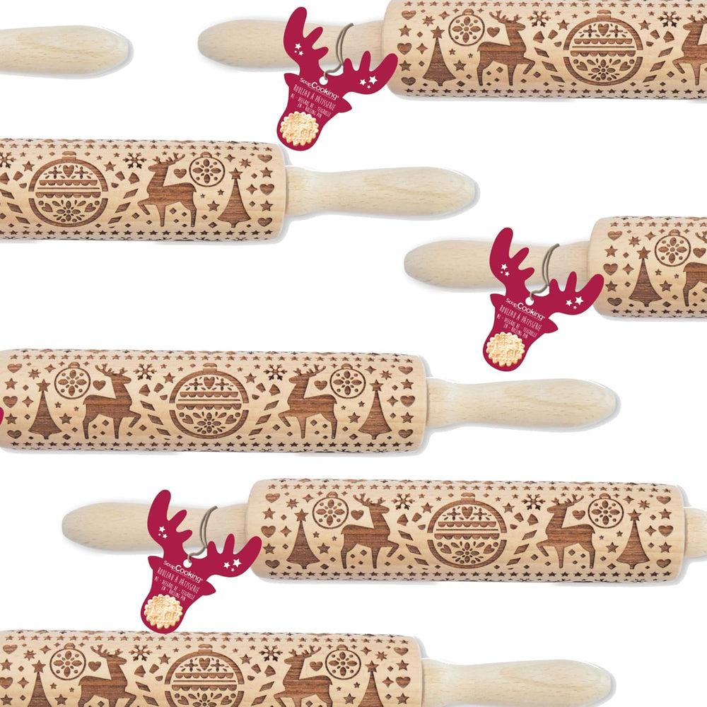Scrap Cooking Teigrolle aus Holz „Xmas“ mit weihnachtlichen Motiven – Prägerolle mit gepfragten Verzierungen für Kekse – dekoratives Zubehör – 5242