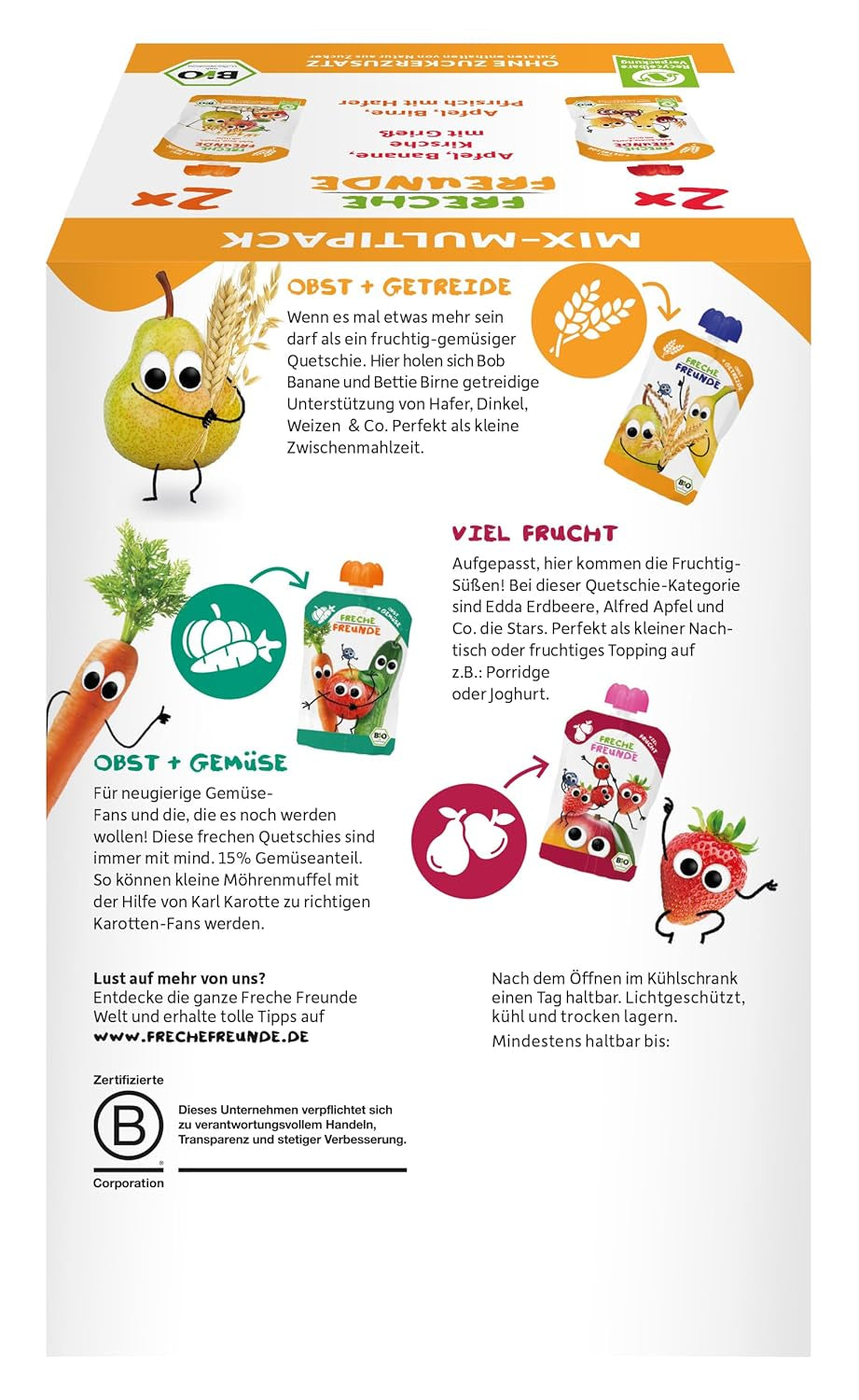 FRECHE FREUNDE Bio-Mix im Multipack Quetschbeutel – Früchte + Cerealien, Fruchtpüree mit Müsli im Quetschbeutel für Babys ab 6 Monaten, vegan, 3er Pack, 3 x (4 x 100g)