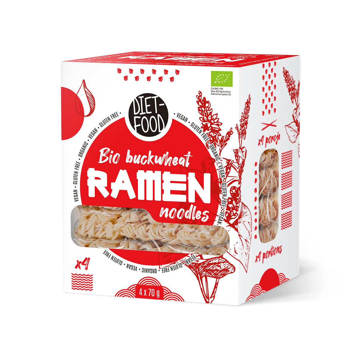 DIET-FOOD Bio-Buchweizen-Ramen-Nudeln, vegetarisches und veganes Essen, fettfrei, sojafrei, glutenfrei, wasserlösliche Diätnudeln, kalorienarm, 280 g
