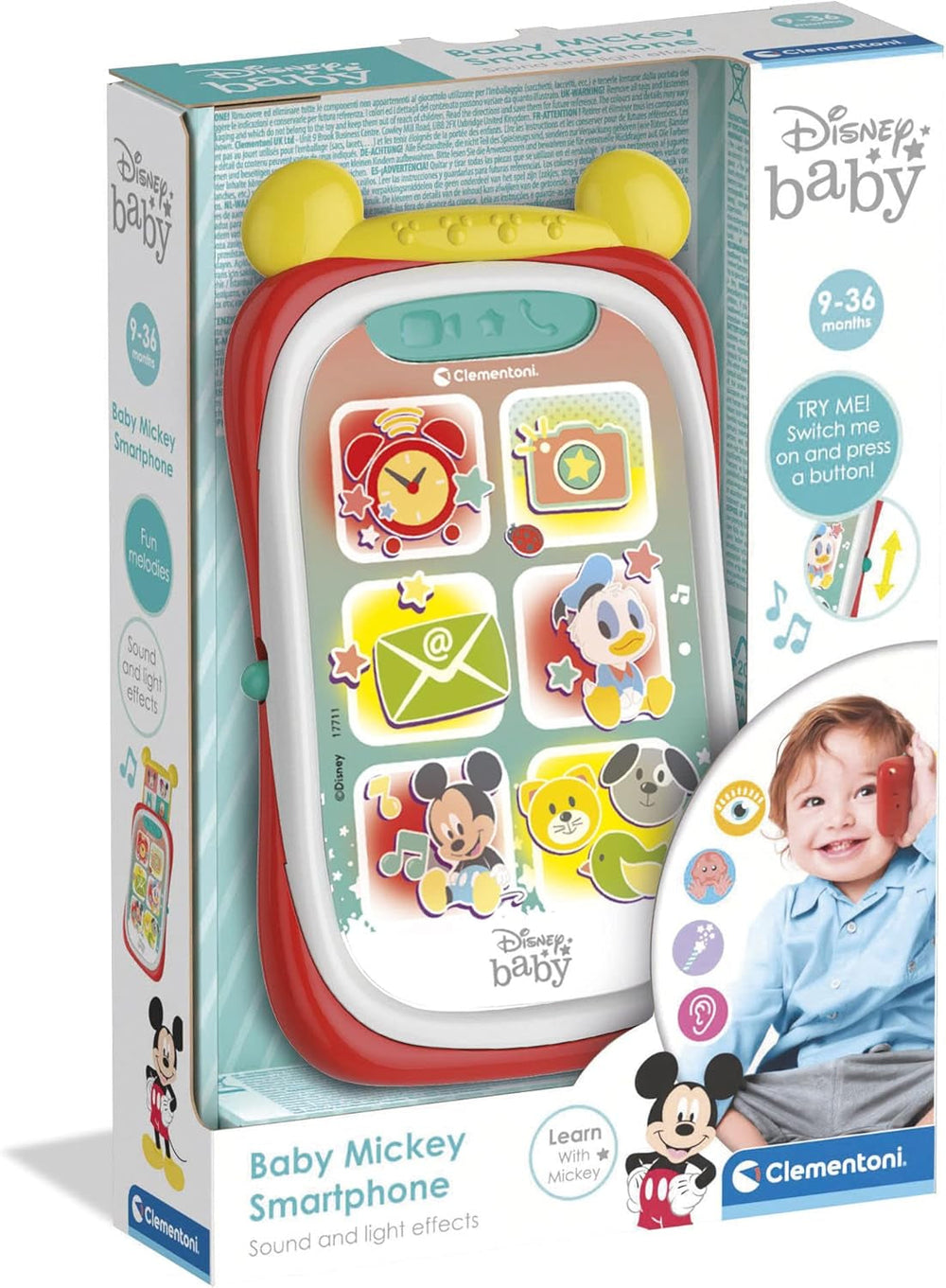 Clementoni 17711 Disney Baby Baby Mickey Smartphone, telefon mobil pentru copii cu efecte luminoase și sonore, jucărie interactivă pentru copii de 9-36 luni, M, Multicolor Jucarii Bebe Naty Shop