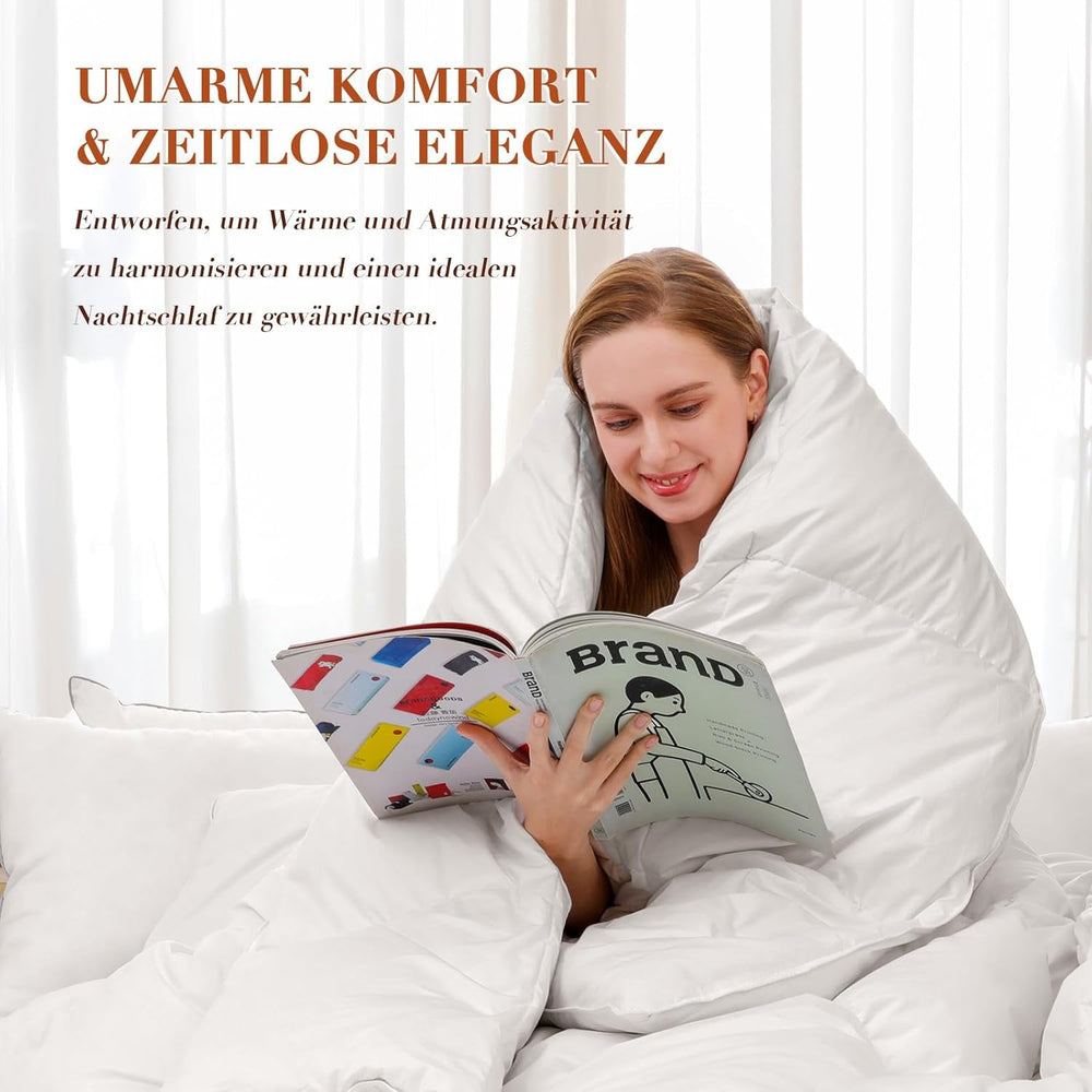 Daunendecke 135 x 200, Ganzjahresdecke aus 100 % Baumwolle, 4-Jahreszeiten-Bettdecke 135 x 200 mit Gänsedaunen und Federn, hohe, flauschige 3D-Umlenkbox, mittlere Wärme, Steppdecken und Steppdecken, Naty Shop