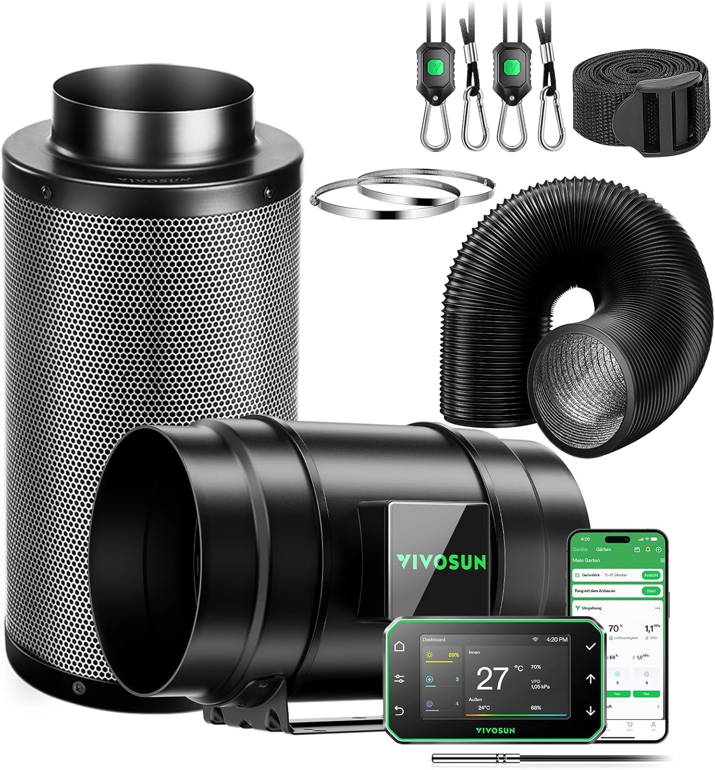VIVOSUN Kit Ventilator Inline Inteligent 100mm/Evacuare AeroZesh G4 cu GrowHub E42A+, Controler de Temperatură și Umiditate, Telecomandă WiFi/Aplicație, Filtru de Cărbune Activ și Furtun pentru Corturi de Cultivare și Hidroponie