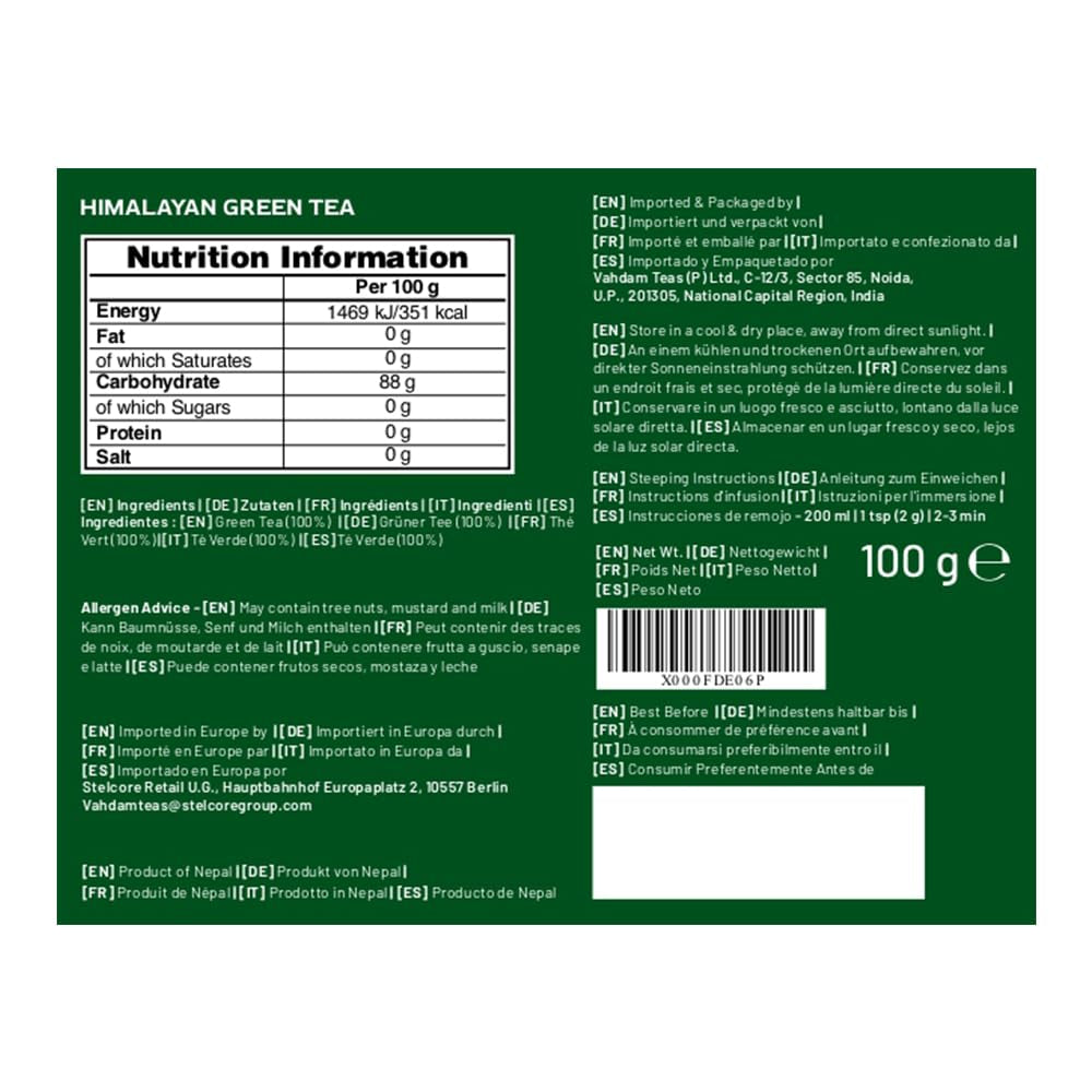 VAHDAM, ceai verde Himalayan (100 g) Ceai verde 100% pur din Himalaya | Fără gluten | Direct de la sursă din India | Preparare fierbinte/rece | Ceai verde vrac