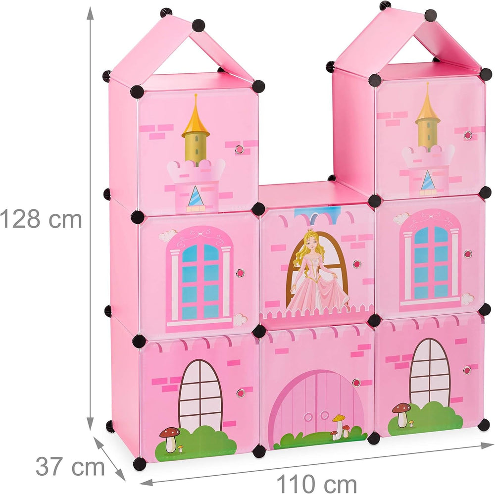 Raft modular Relaxdays pentru camere de copii, design castel prințesă, plastic, dulap DIY cu uși, HL: 128 x 110 x 37 cm, roz