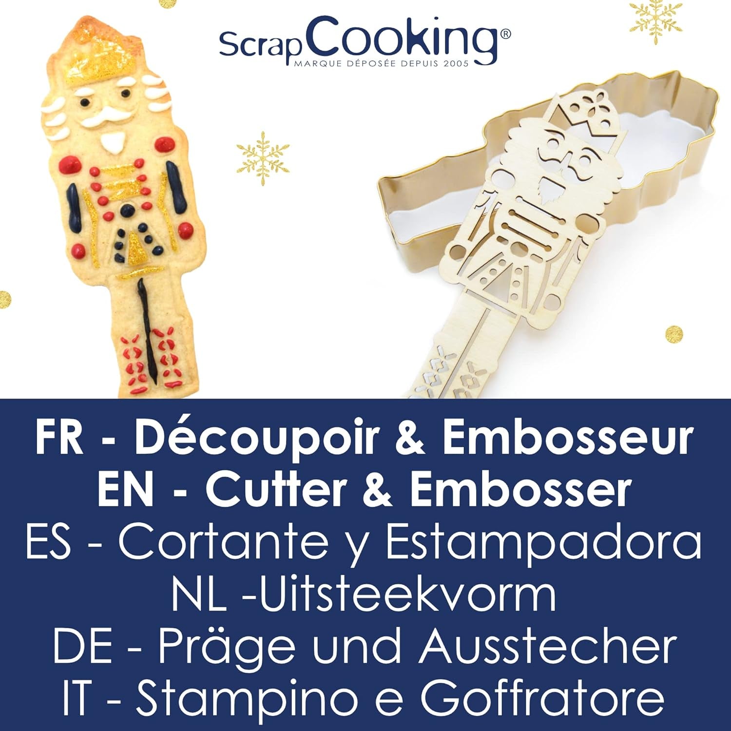 ScrapCooking - Set Forme de Biscuiți + Mașină de Gofrare Spargător de Nuci din Lemn – Formă de Biscuiți de Crăciun din Oțel Inoxidabil pentru Biscuiți în Relief – Accesoriu Formă de Coacere Sablată – Culoare Aurie – 2097