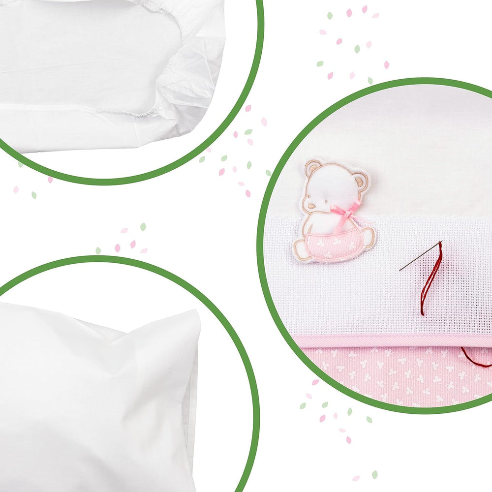 Set de lenjerie de pat Carrycot alb și roz, format din 1 cearșaf cu colțuri, 1 cearșaf de sus cu panglică Aida pentru broderie și 1 față de pernă, 100% bumbac, Made in Italy Plapumi si pilote Naty Shop