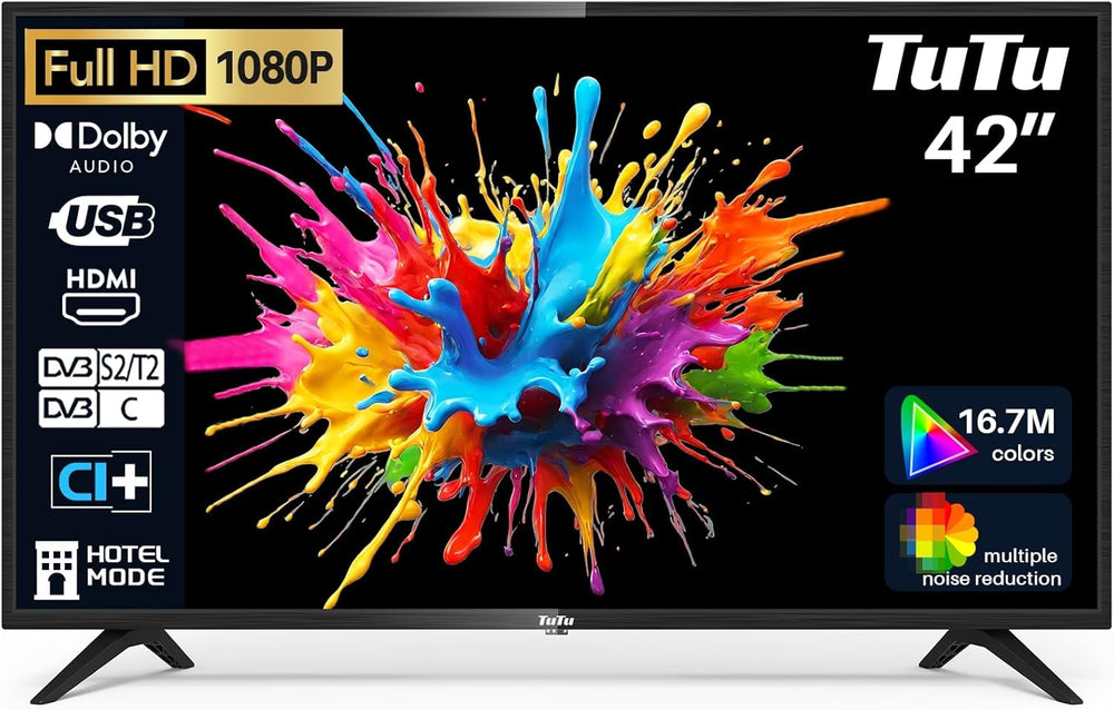 Televizor LED HD TuTu de 24 de inci (60 cm) cu tuner triplu (DVB-T/T2-CS/S2), player media USB, HDMI, VGA, CI/CI+, mod hotel (2024, 220 volți)