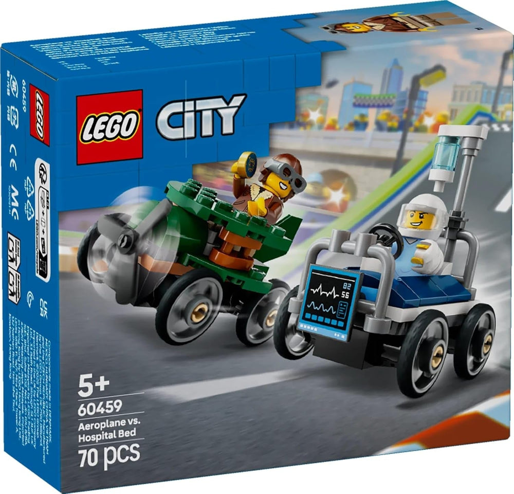 LEGO City Flugzeug vs. Krankenhausbett-Rennwagen-Set – Seifenkistenspielzeug für Jungen und Mädchen ab 5 Jahren – Bauset mit 2 Minifiguren – Geburtstags- und Weihnachtsgeschenk 60459 Bausätze Besuchen Sie den LEGO-Store