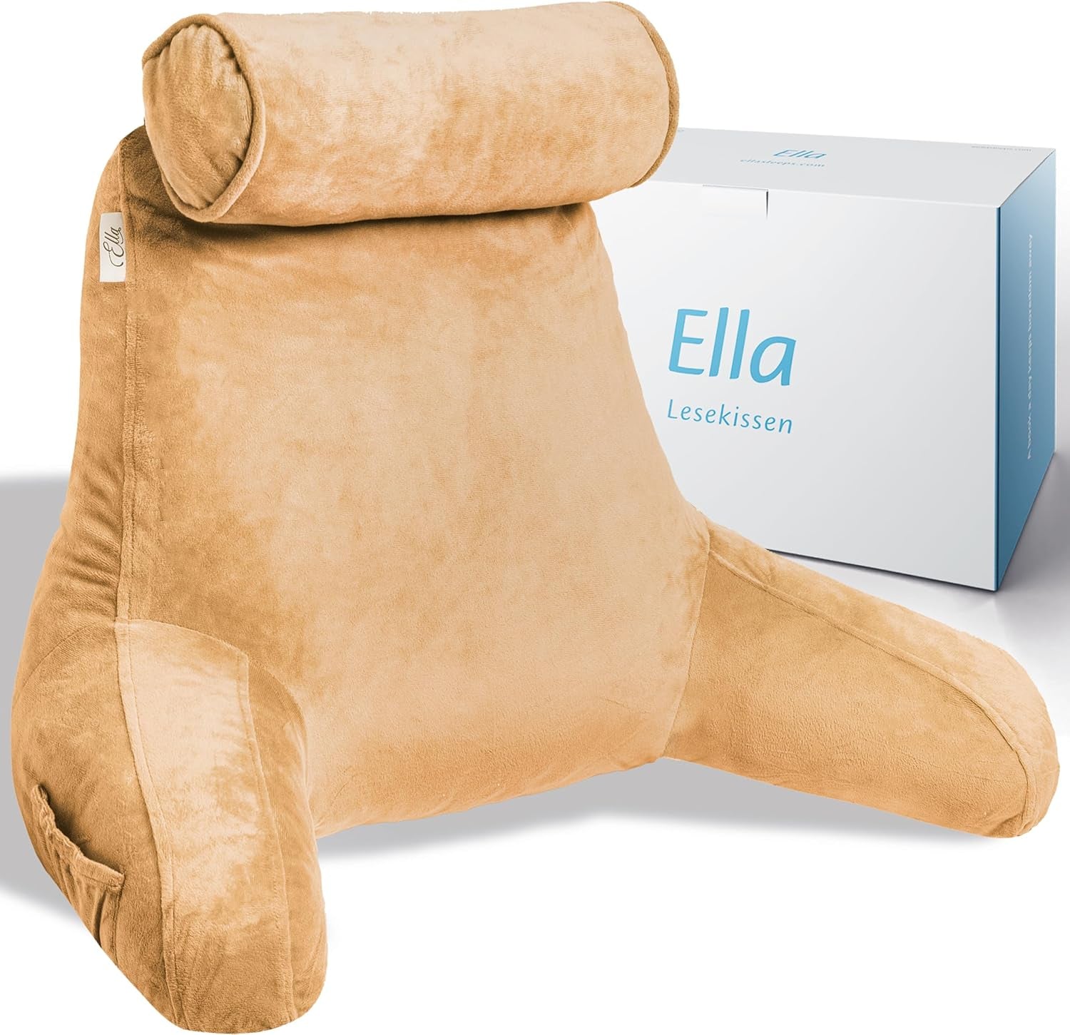 Pernă de citit Ella pentru pat și canapea cu rolă detașabilă pentru gât - Pernă pentru spate pentru pat - Pernă de citit din spumă cu memorie cu cotiere, ideală pentru citit, vizionat la televizor, relaxare sau ca suport pentru spate - Gri