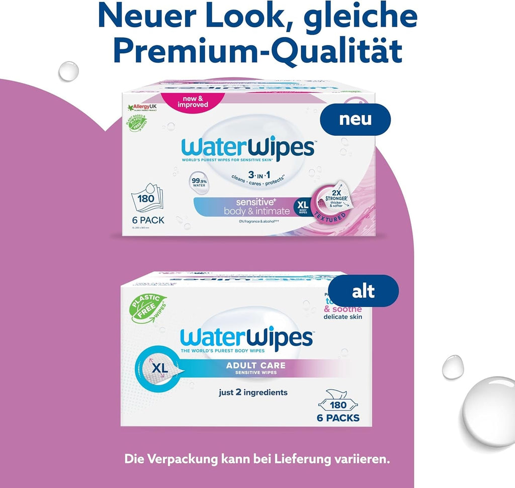 Waterwipes Adult Care Body & Intimate Hygiene Wipes, 180 șervețele (6 pachete), 99,9% apă, 3-In-1 Curăță, Hrănește, Protejează, Neparfumate, Ambalajul poate varia