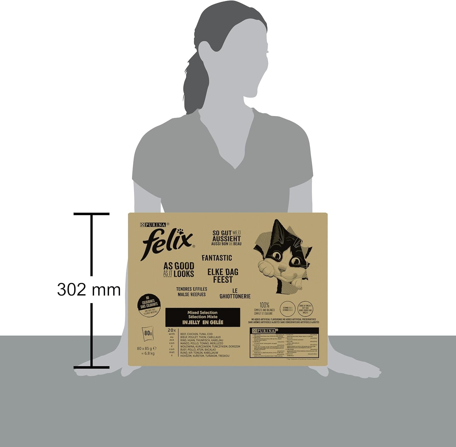 | Zart konisch | ausgewachsene Katze | Gelee | 100% vollständige und ausgewogene Rezeptur | mit Thunfisch, Kabeljau, Rindfleisch und Huhn | Frischebeutel | 80 x 85 g