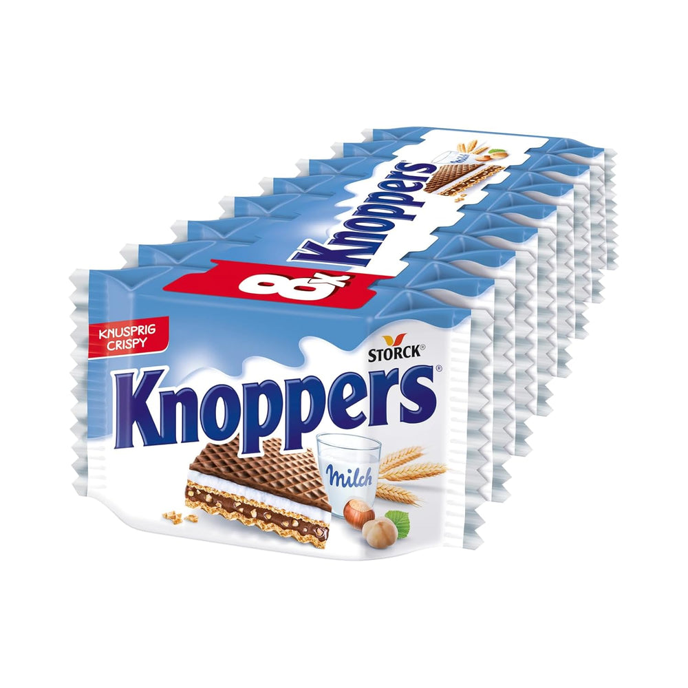 Weiße und schwarze Knoppers – 8 x 25 g – Waffelscheiben gefüllt mit dunklen Kakaowaffeln, schwarzen Keksstücken, Milch und Nougatcreme