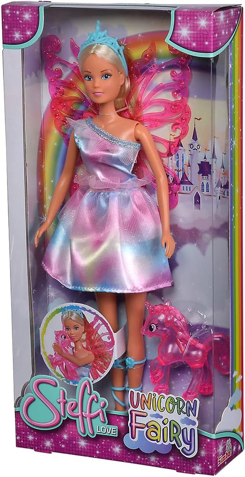 Simba 105733587 - Steffi Love Unicorn Fairy, Knöchelpuppe als Fee mit abnehmbaren Flügeln, mit Einhorn, 29cm Puppe trägt EIN Bezauberndes Pastell Glitzerkleid, ab 3 Jahren