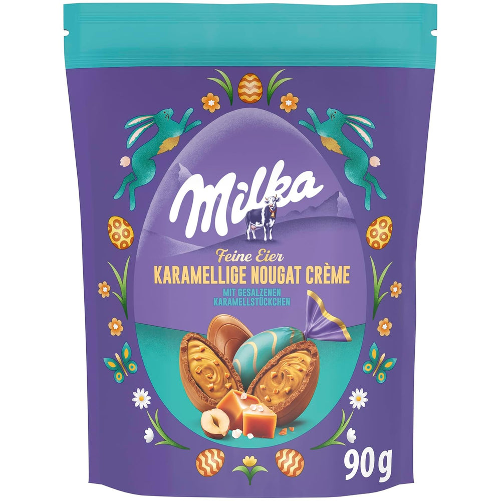 Milka feine Eier – gefüllt mit Karamellcreme und Nougat und gesalzenen Karamellstückchen – 90g