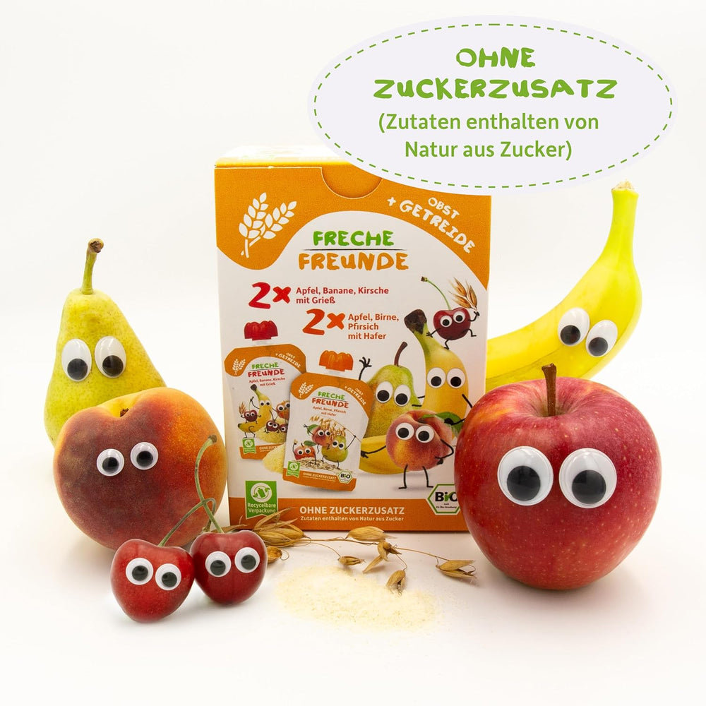 FRECHE FREUNDE Bio-Mix im Multipack Quetschbeutel – Früchte + Cerealien, Fruchtpüree mit Müsli im Quetschbeutel für Babys ab 6 Monaten, vegan, 3er Pack, 3 x (4 x 100g)