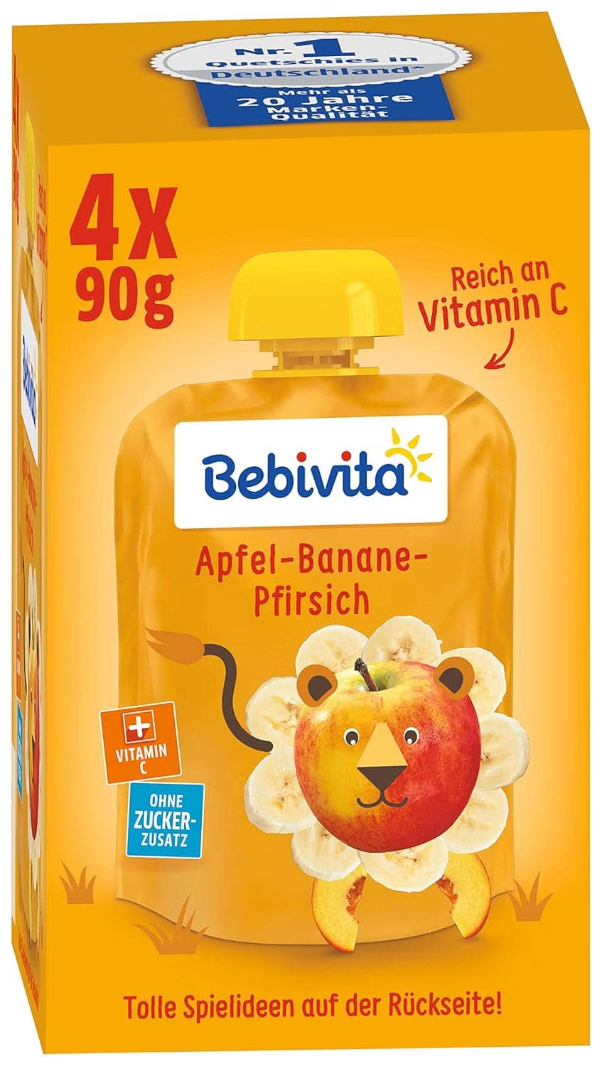 Lustige Früchte und Müsli für Kinder, ganz in Äpfeln-Bananen, 4er-Pack (4 x 90 Gramm) Mutter und Kind Naty Shop Äpfel-Bananen-Pfirsiche