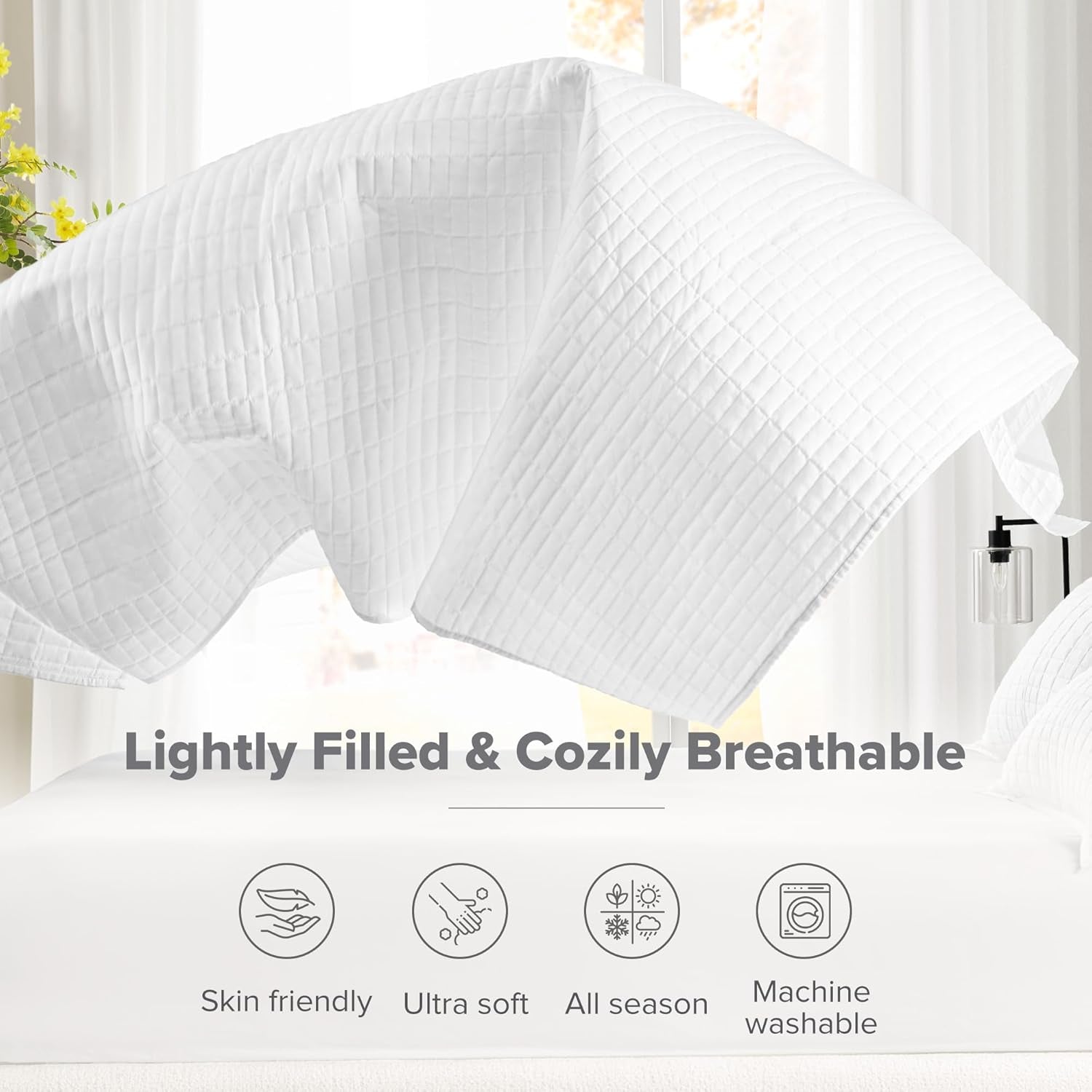 Comfort Spaces Kienna Steppdecken-Set, luxuriöse Doppelnaht-Sommerdecke, leichte, weiche Ganzjahresbettwäsche, passender Kissenbezug, weiße King-Size-Decke (264,2 x 228,6 cm), Naty Shop Bettdecken und Steppdecken