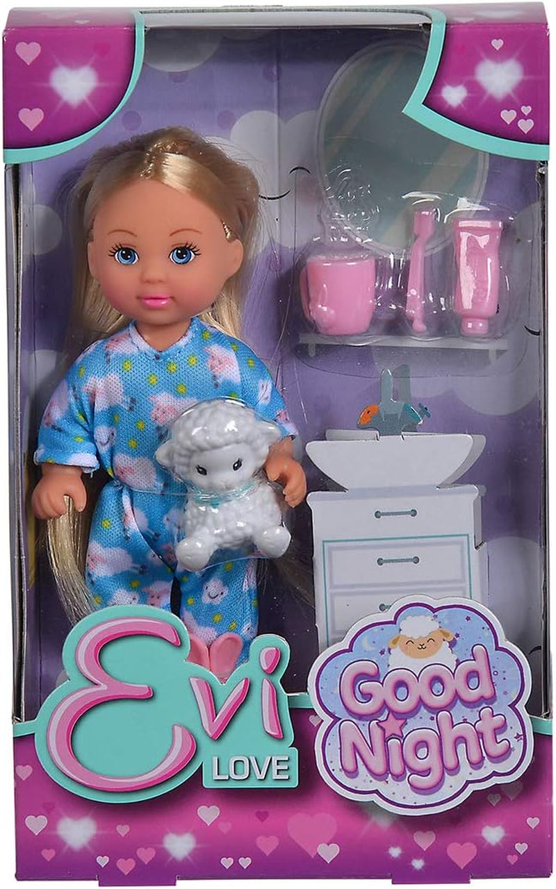 Simba 105733406 - Evi Love Good Night, Spielpuppe im süßen Schlafanzug mit Cuscheltier und Zahntzzubehör, 12cm, ab 3 Jahre
