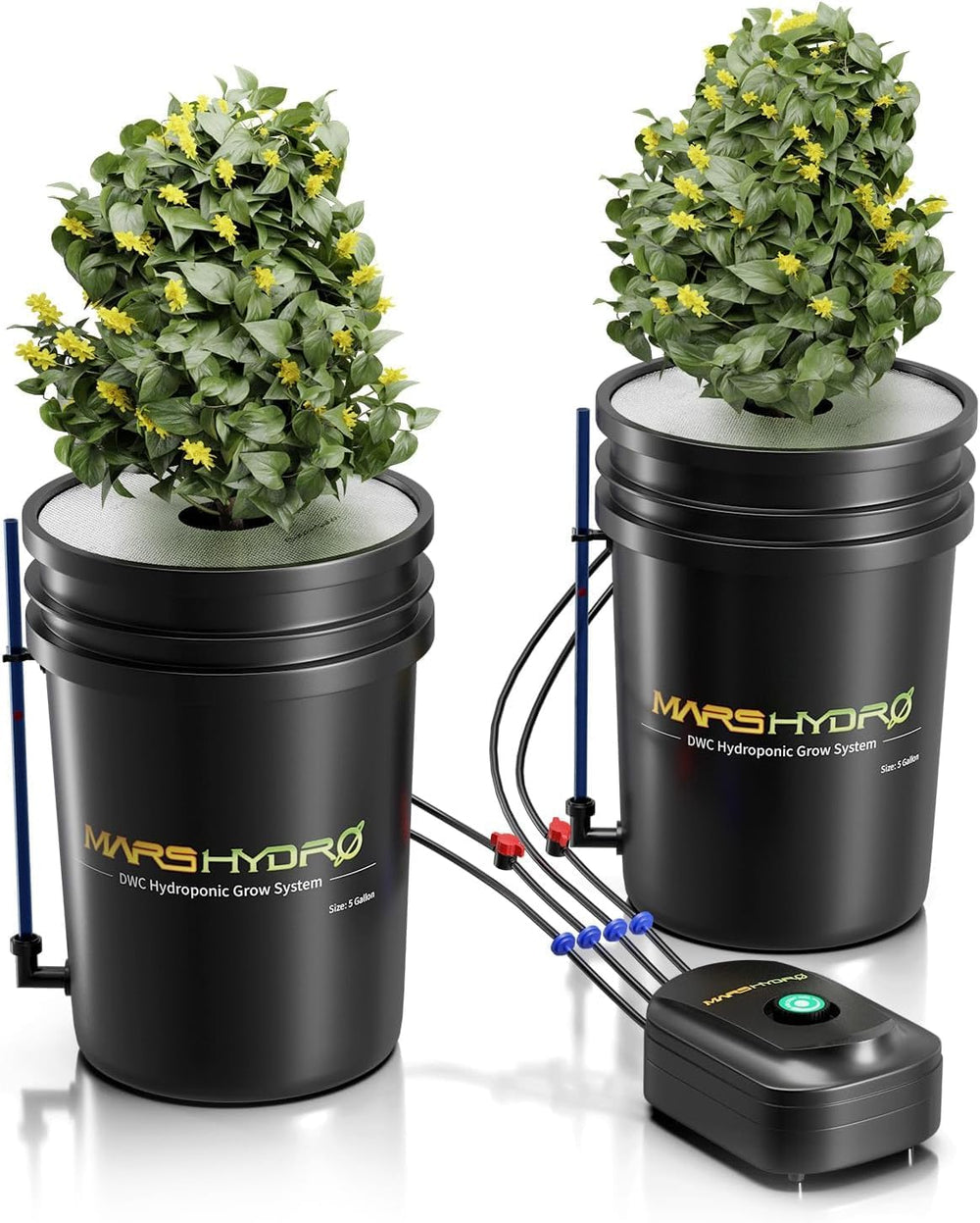 Mars Hydro DWC Hydrokultur-Anbausystem, 5 Gallonen Tiefwasseranbau, 8-W-Luftpumpe, Mehrzweck-Luftschlauch, Ausströmerstein, 2 Eimer und Tropftopf-Set
