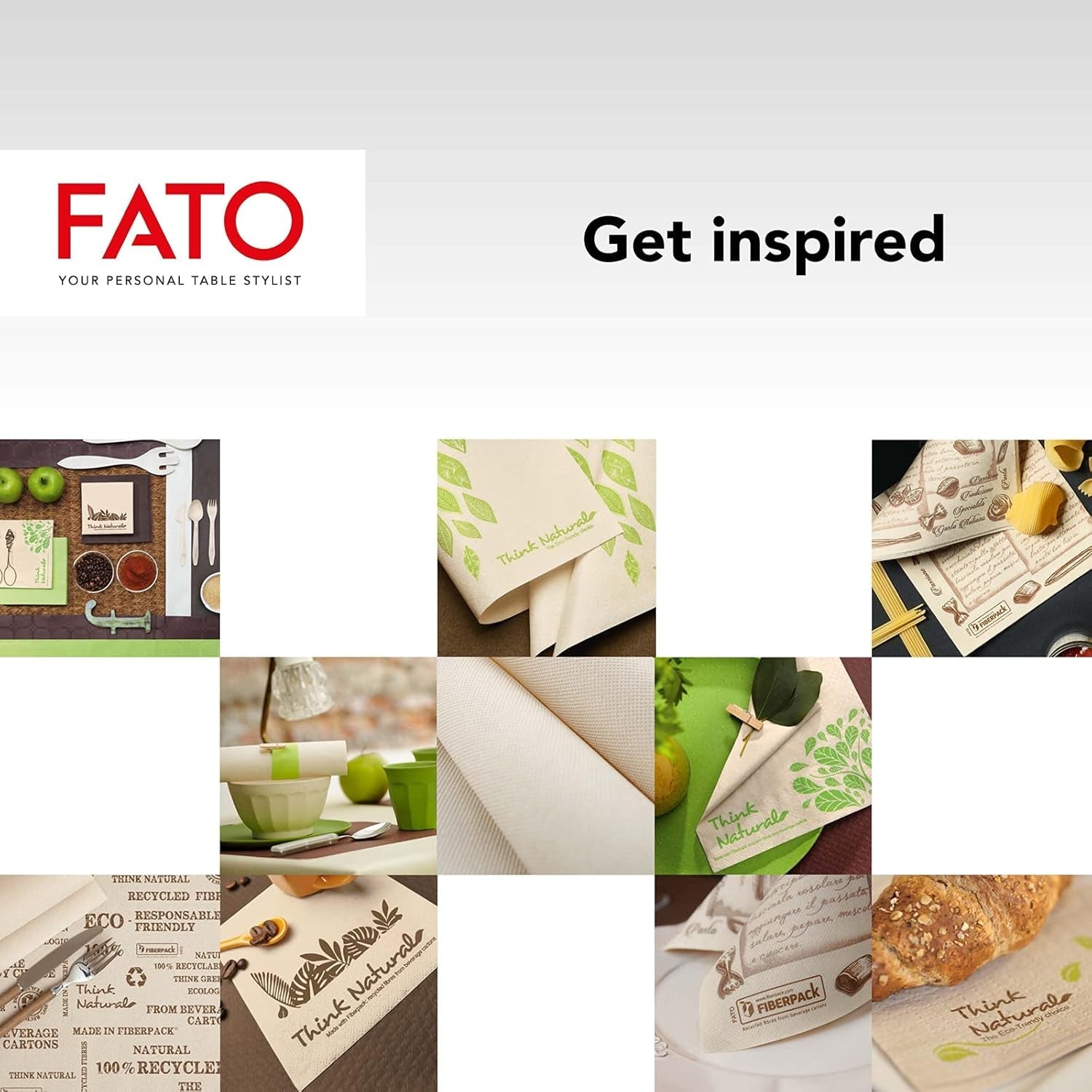 Fato - Șervețele de hârtie de unică folosință naturale pliate 4 ori, ecologice, pachet de 40 de șervețele, mărimea 38X38, 2 straturi, 100% hârtie reciclată