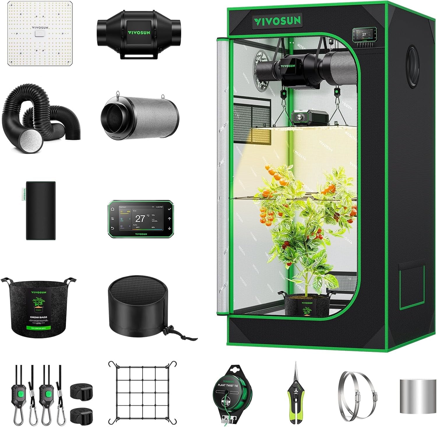 VIVOSUN Smart Grow Tent Komplettset 60 x 60 x 120 cm, integriertes automatisches WLAN-Wachstumssystem mit 100 W Vollspektrum-LED-Licht und effizientem Belüftungssystem mit GrowHub E42A+-Controller