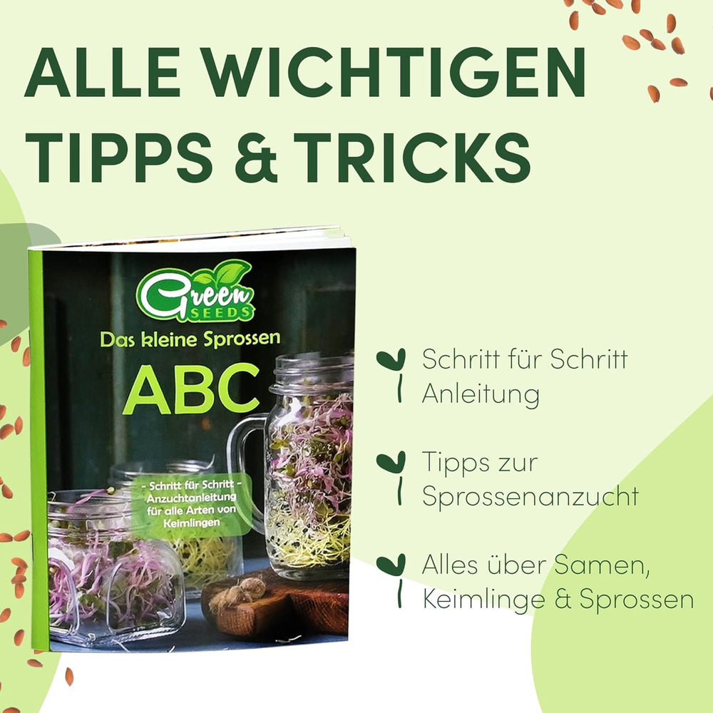 [Original Starterset mit Sprossenglas + Brunnenkressesieb | 1000 ml mit hochwertiger Edelstahl-Netzabdeckung, Ständer, Keramikschale + ABC für die Keimung. [Druckversion] Sämlingsschale mit Keimglas