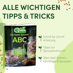 [Original Starterset mit Sprossenglas + Brunnenkressesieb | 1000 ml mit hochwertiger Edelstahl-Netzabdeckung, Ständer, Keramikschale + ABC für die Keimung. [Druckversion] Sämlingsschale mit Keimglas