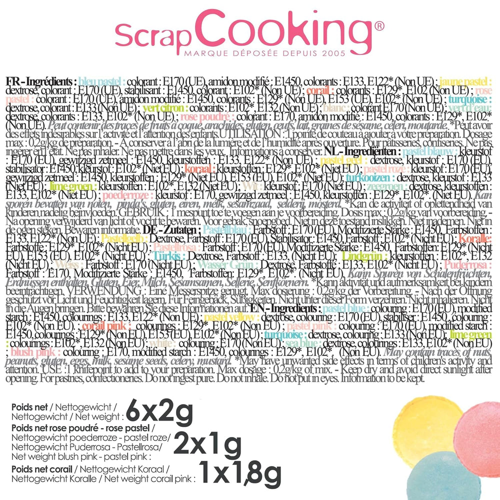 Scrapcooking - Set 9 coloranți alimentari pastel - Albastru, Galben, Coral, Roz, Turcoaz, Verde Lămâie, Alb, Verde Aqua, Roz pudră - Pudră colorantă comestibilă pentru prăjituri, brioșe, macarons - 4272