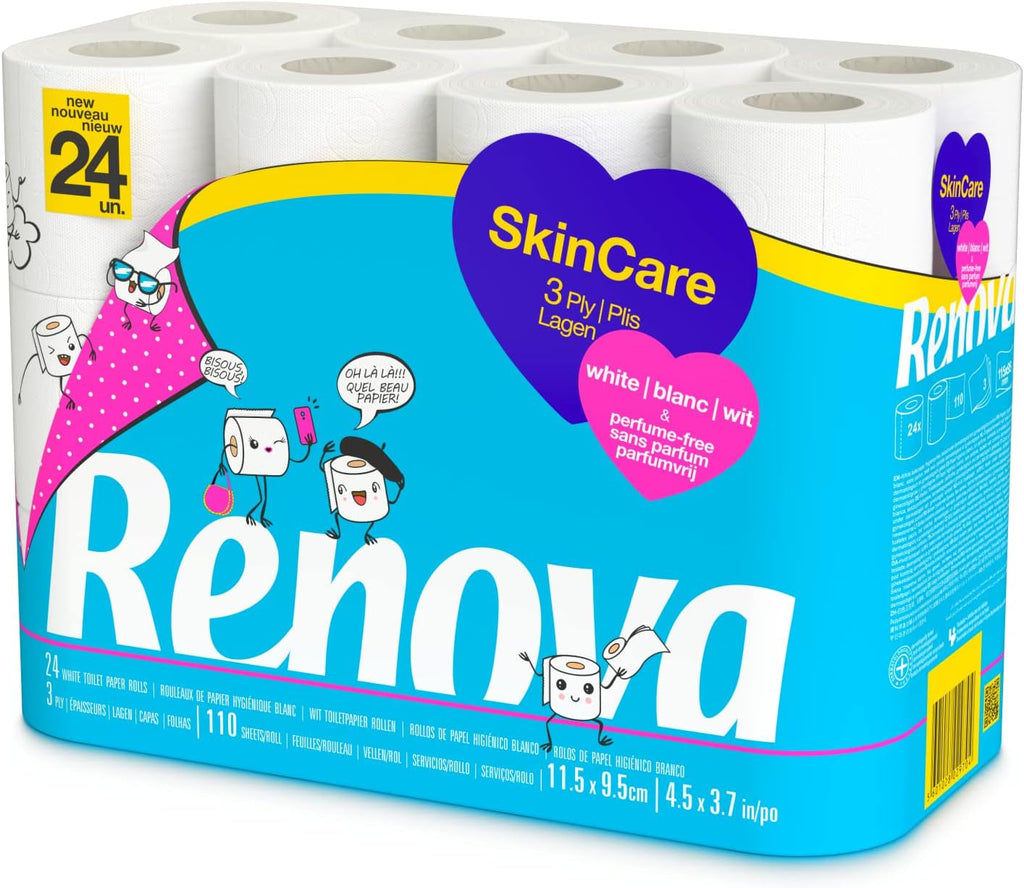 Hârtie igienică Renova Skincare, 3 straturi, albă, 24 role