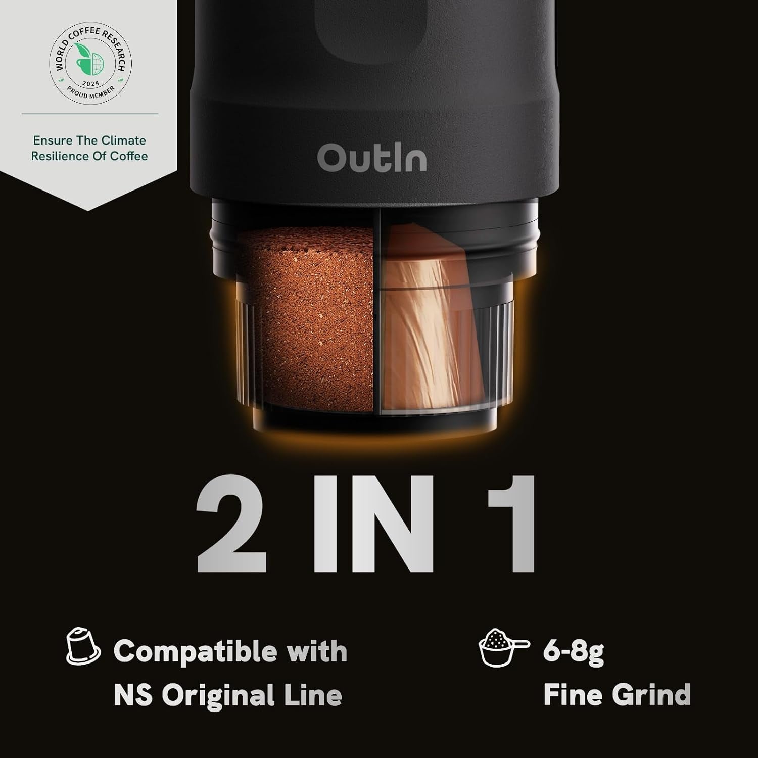 Espressor electric portabil OutIn Nano, aparat de cafea pentru camping, autoîncălzire cu USB-C, compatibil cu cafea măcinată și capsule NS